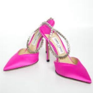 Jimmy Choo Pink Satin Heels with Crystal Straps